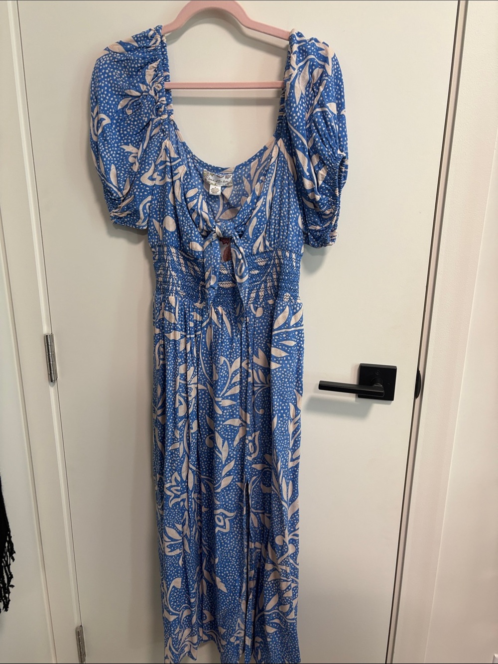 Free People Blue & Cream Floral Puff Sleeve Maxi Dress NWT